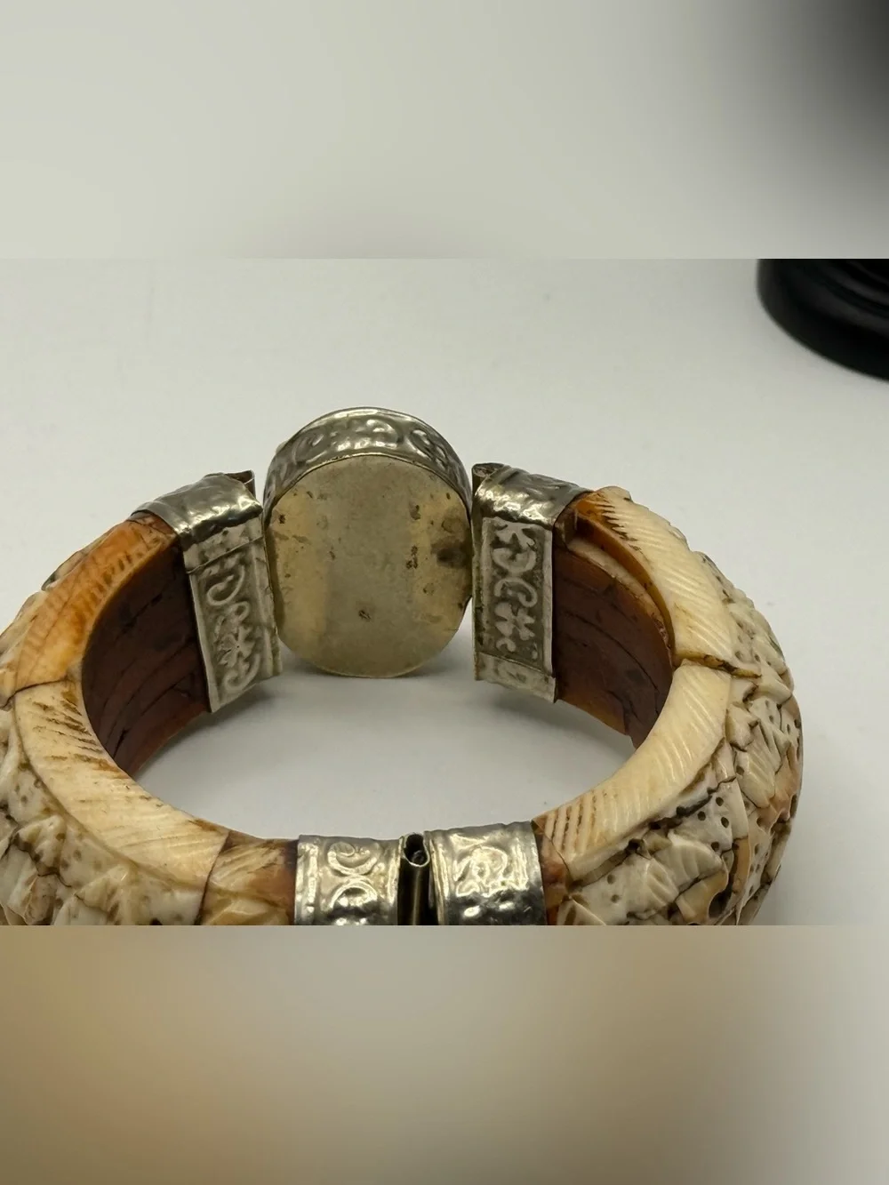 Vintage Tribal Lapis Lazuli Carved Bone Hinged Cuff Bangle Statement Bracelet